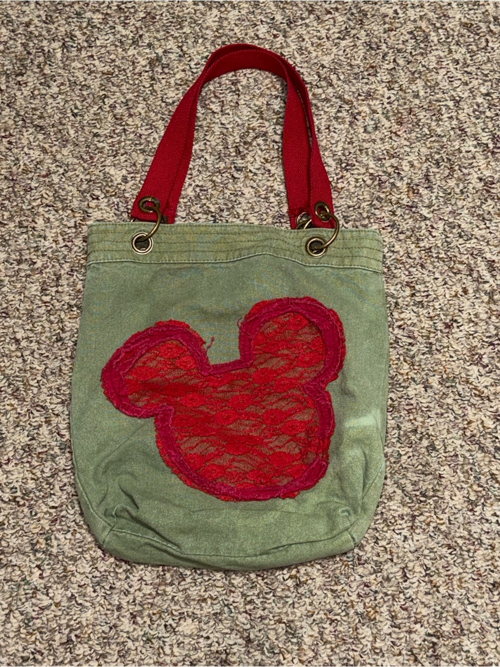 Disney parks 2011 Green Canvas Tote Bag with Red Lace Mickey Mouse Accent